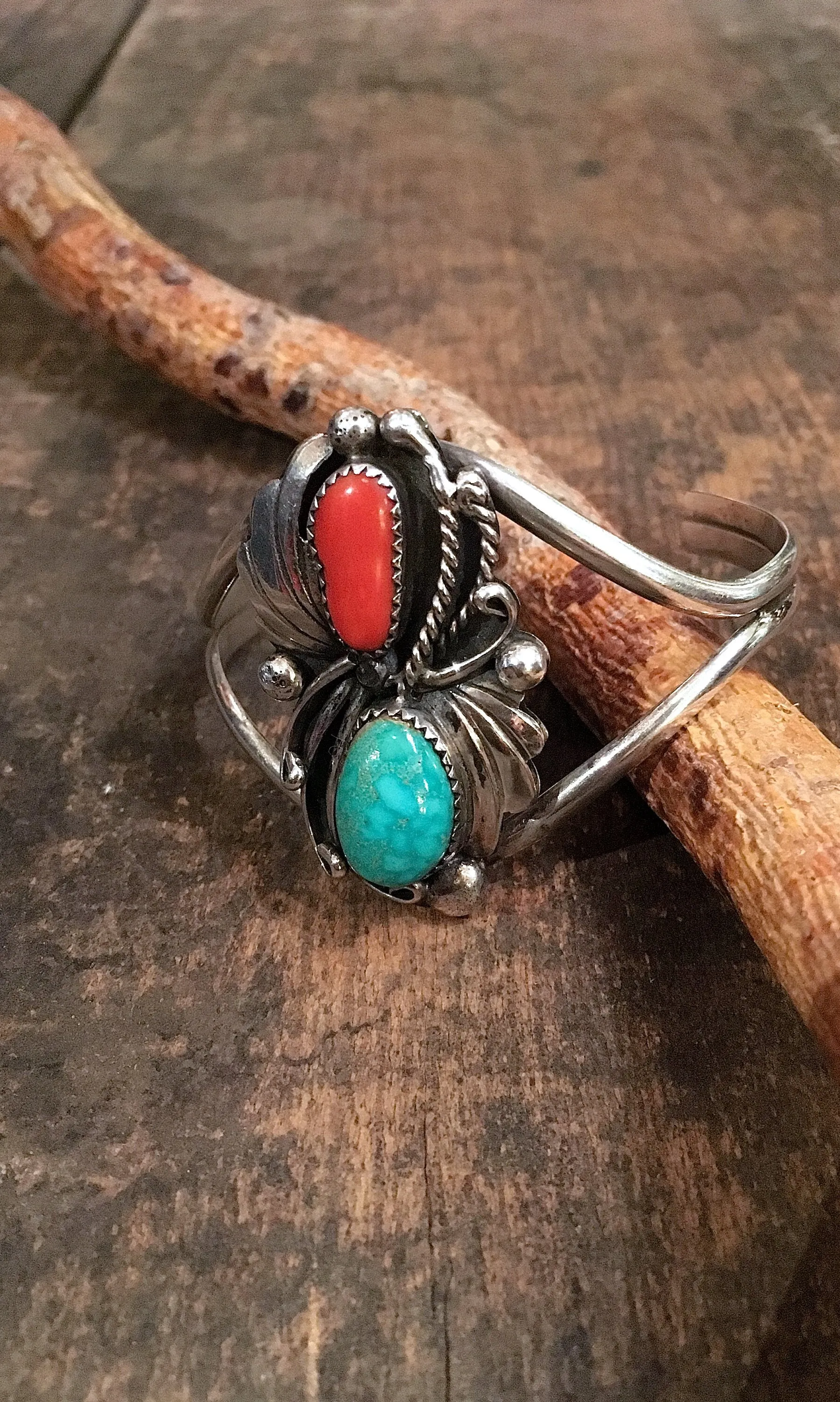 DOUBLE DECKER Coral, Turquoise, and Sterling Silver Cuff