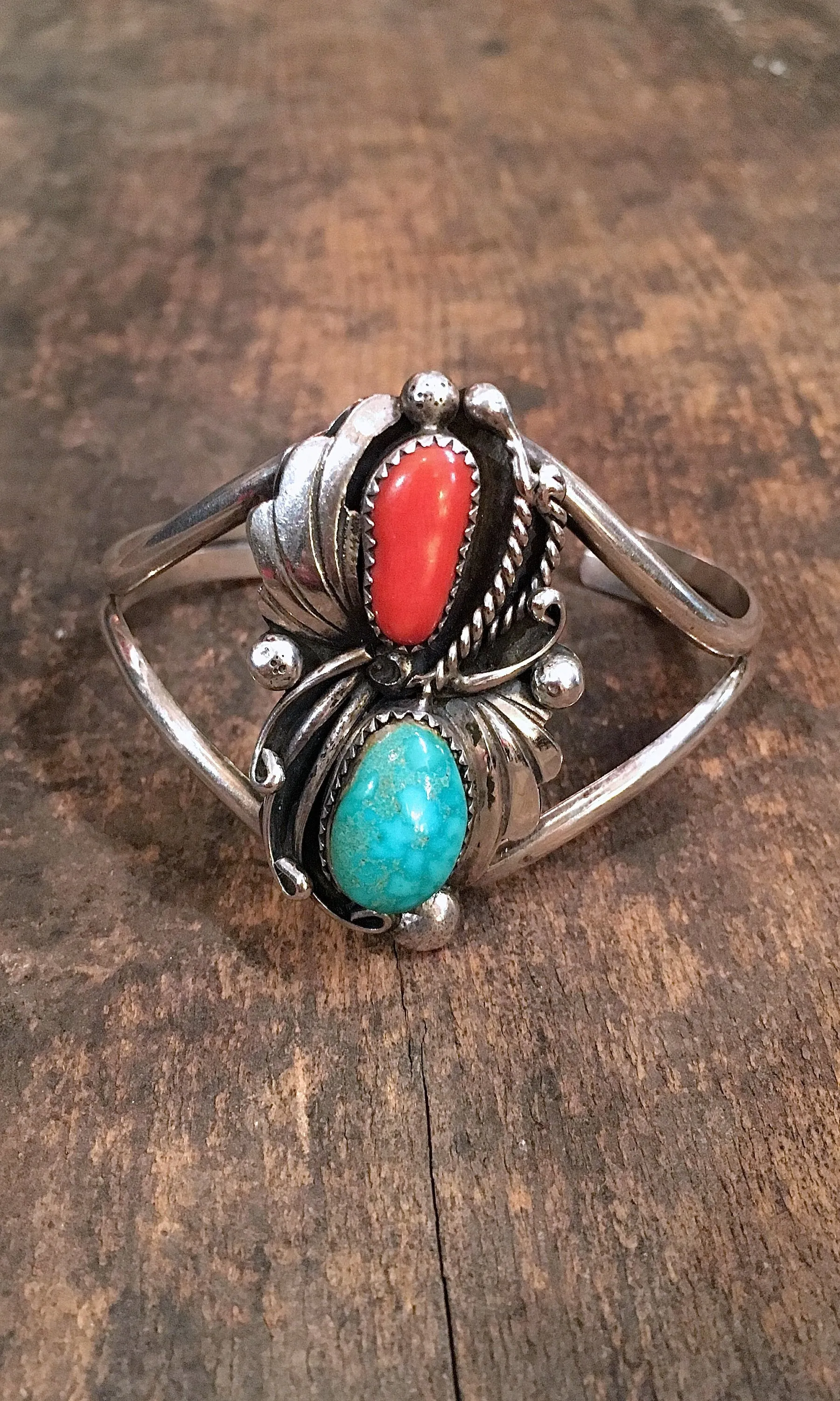 DOUBLE DECKER Coral, Turquoise, and Sterling Silver Cuff