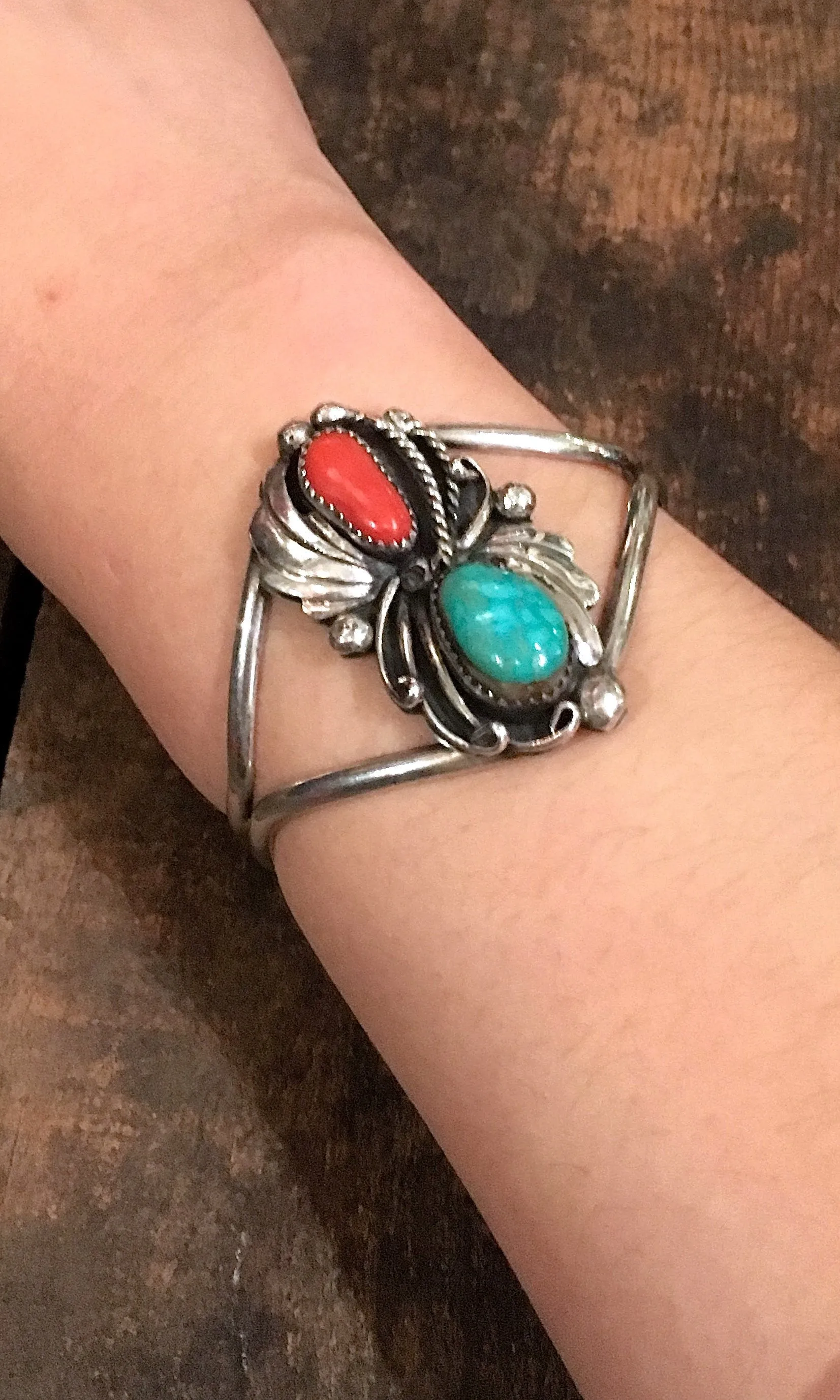 DOUBLE DECKER Coral, Turquoise, and Sterling Silver Cuff