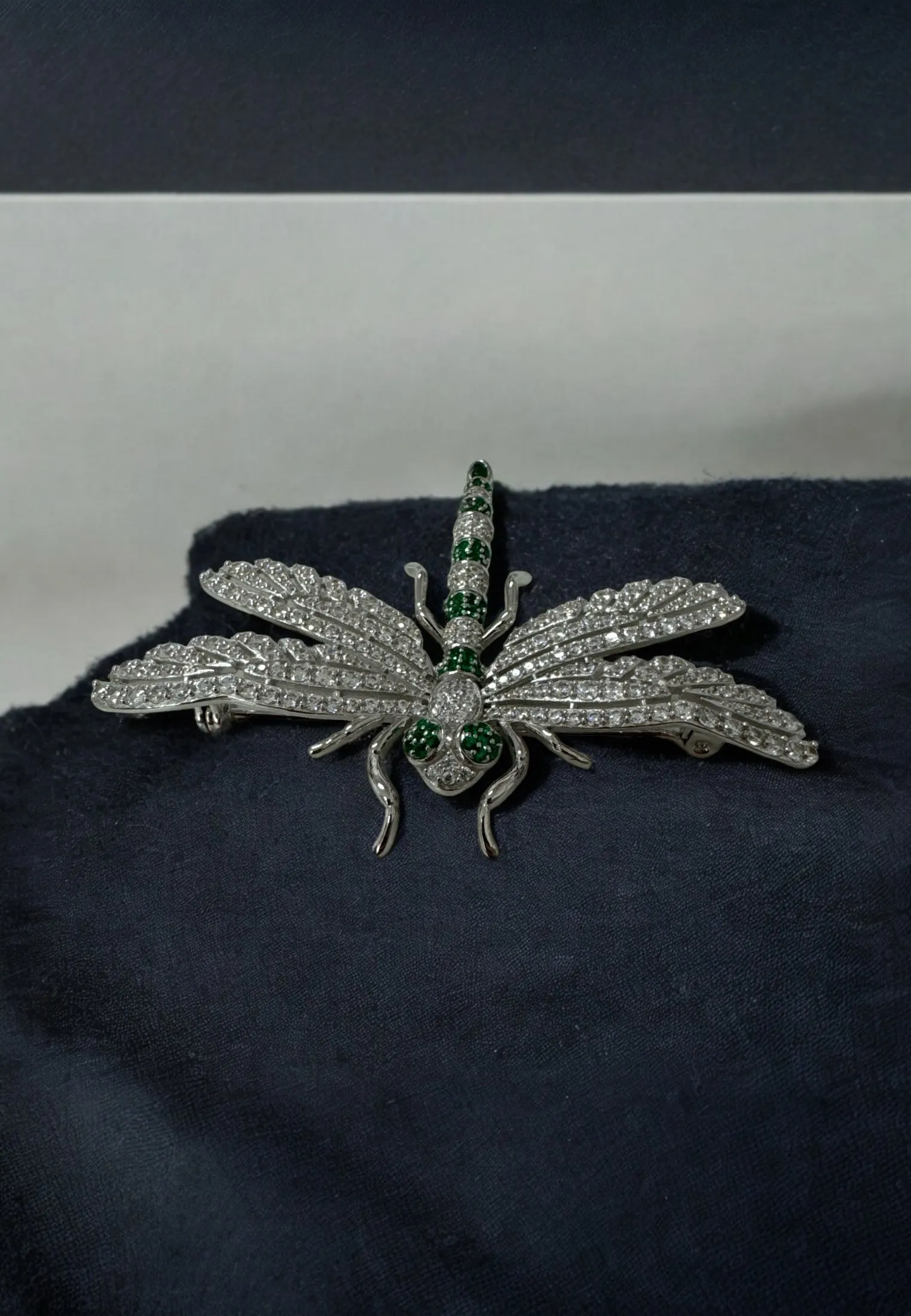 Dragonfly Brooch Silver Emerald Cz