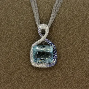 Fine Aquamarine Diamond Sapphire Gold Pendant Necklace