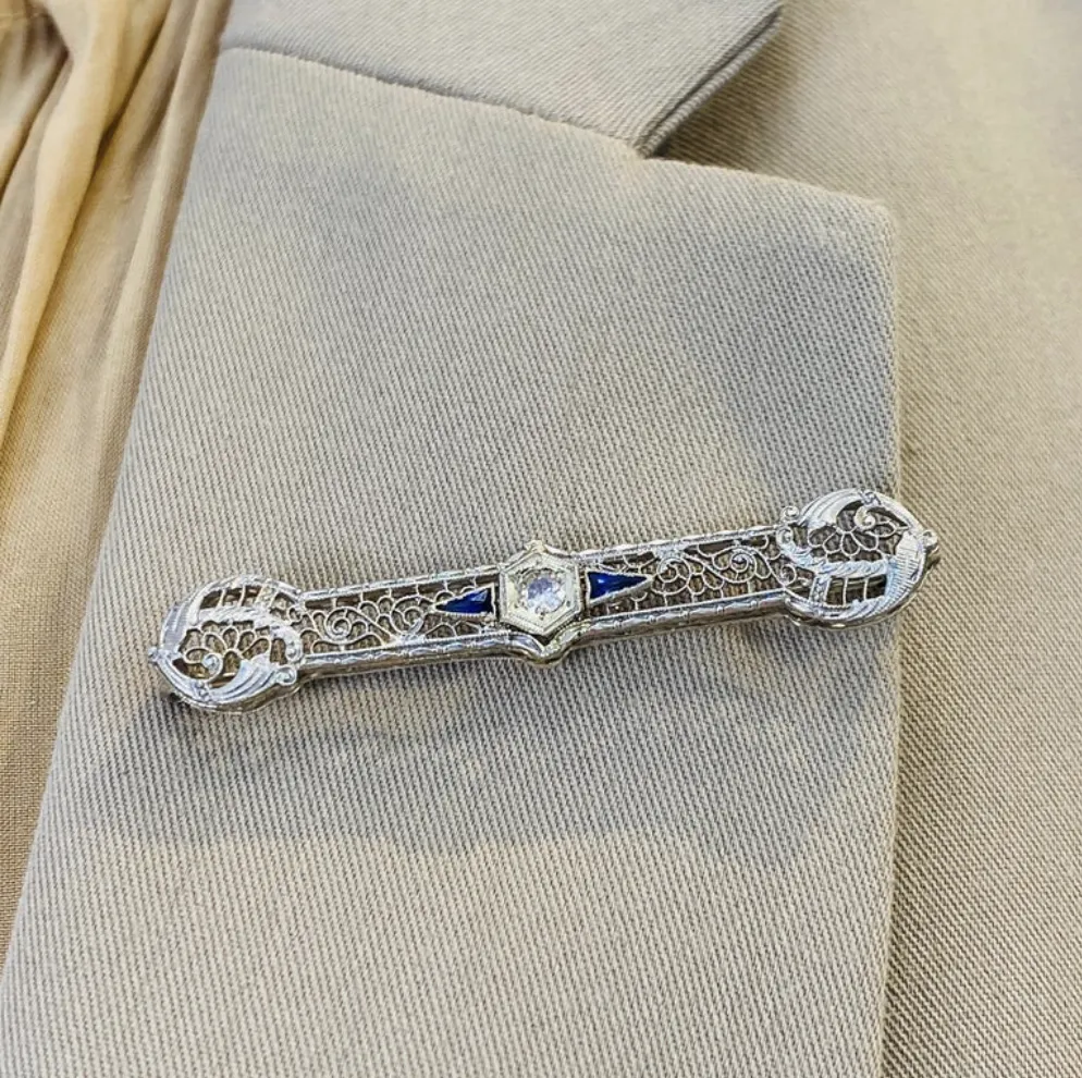 Floral Filigree Diamond and Sapphire Brooch