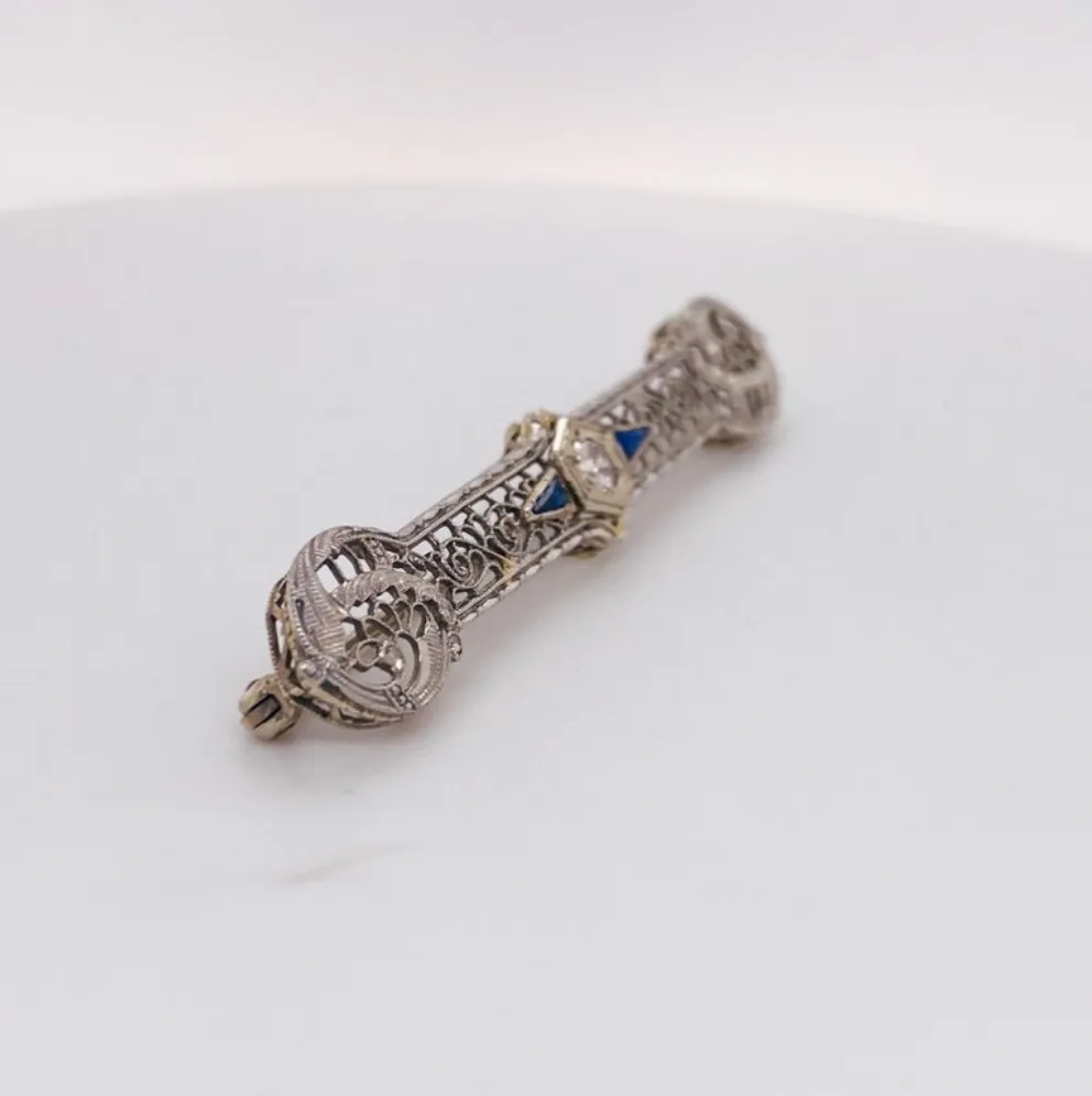 Floral Filigree Diamond and Sapphire Brooch