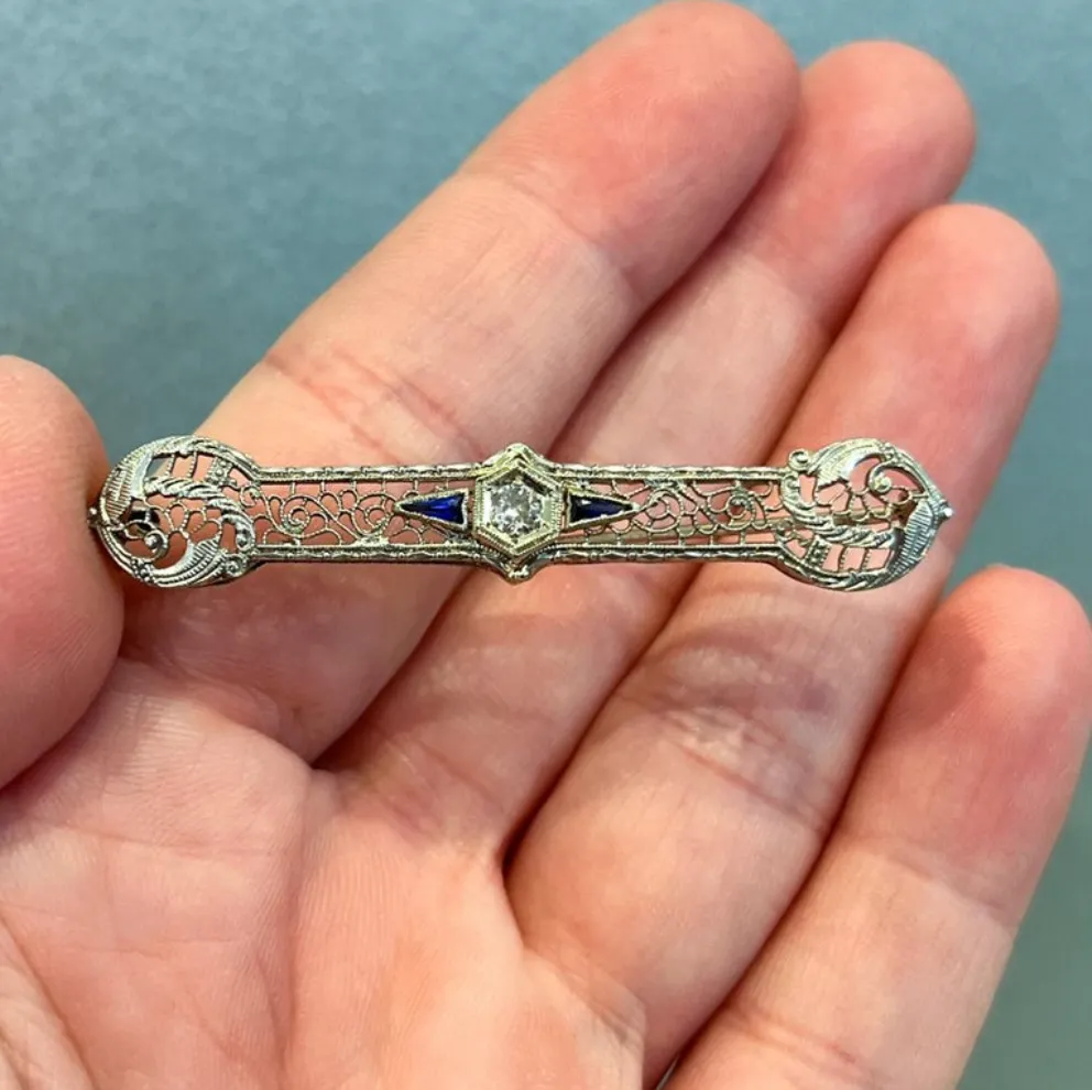 Floral Filigree Diamond and Sapphire Brooch