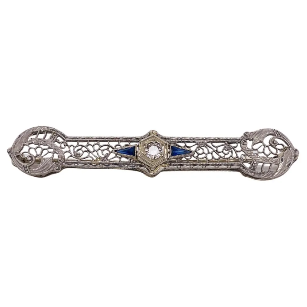 Floral Filigree Diamond and Sapphire Brooch