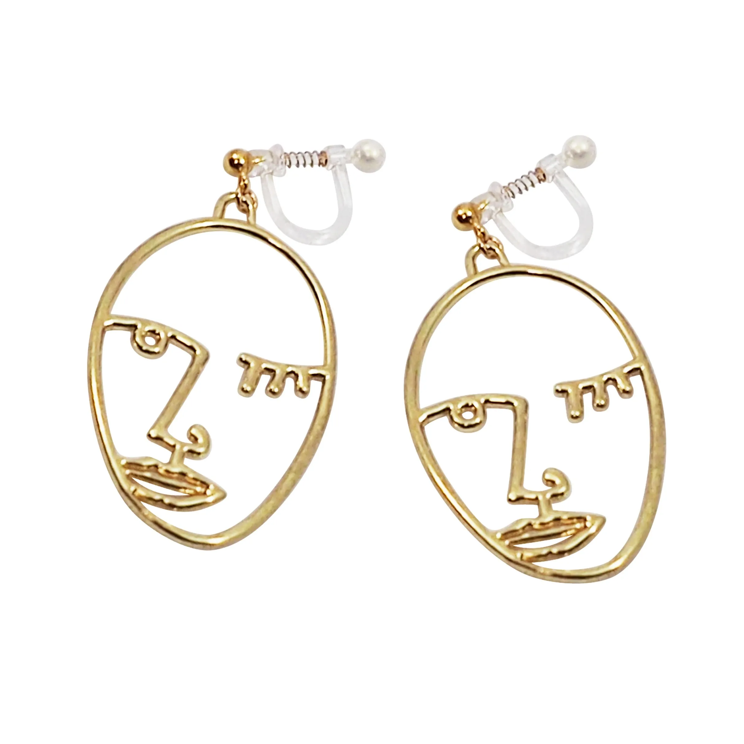 Gold Picasso Face Wink Invisible Clip On Earrings