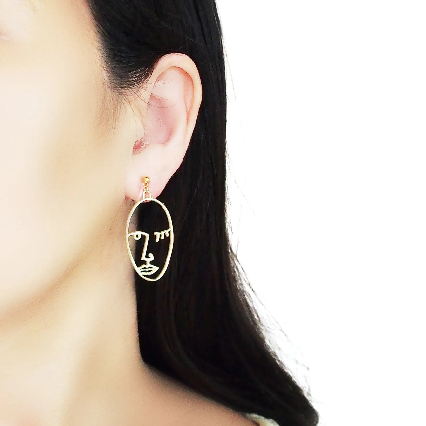 Gold Picasso Face Wink Invisible Clip On Earrings