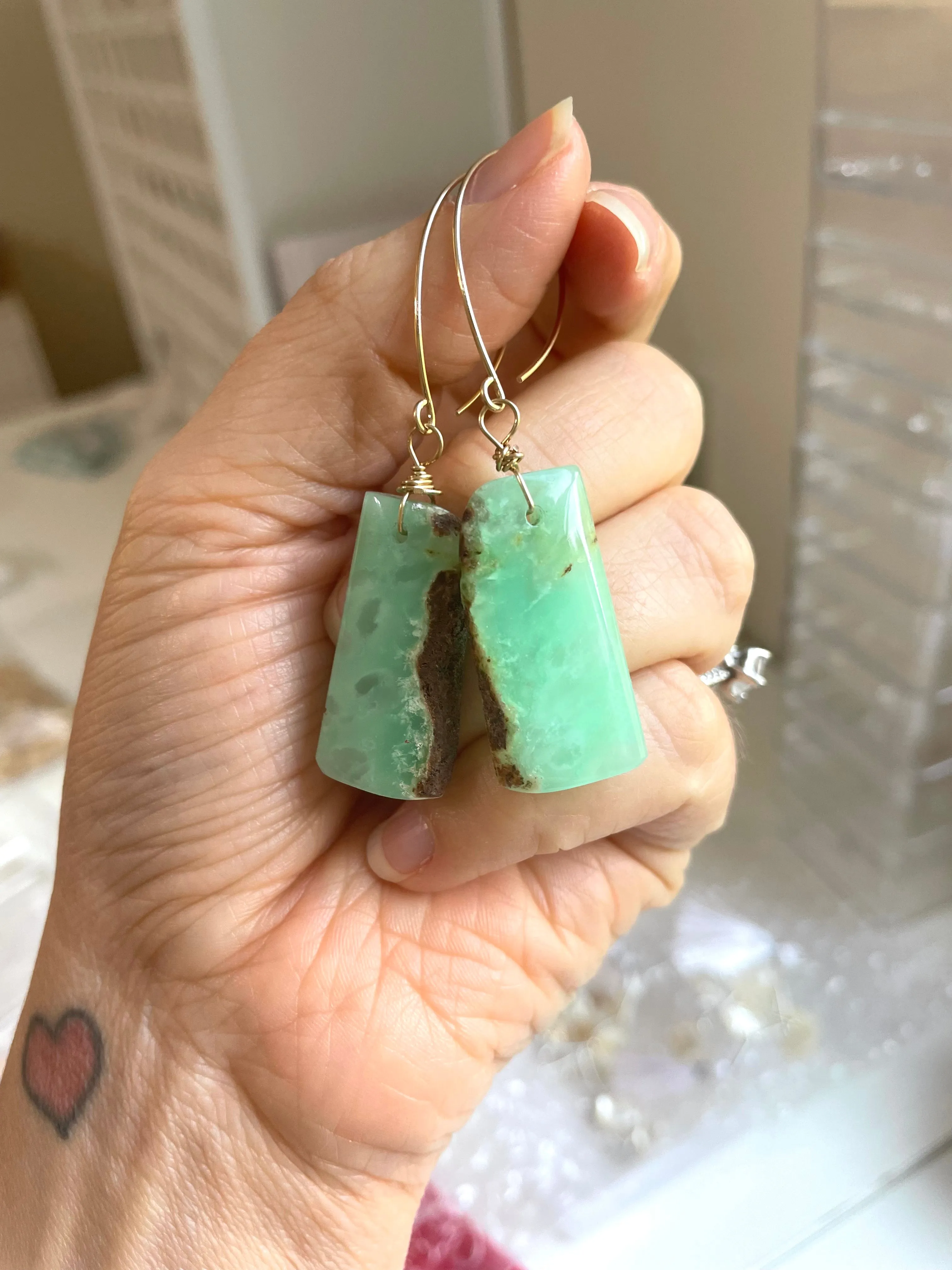 Green Chrysoprase Gold Filled Statement Crystal Gemstone Earrings