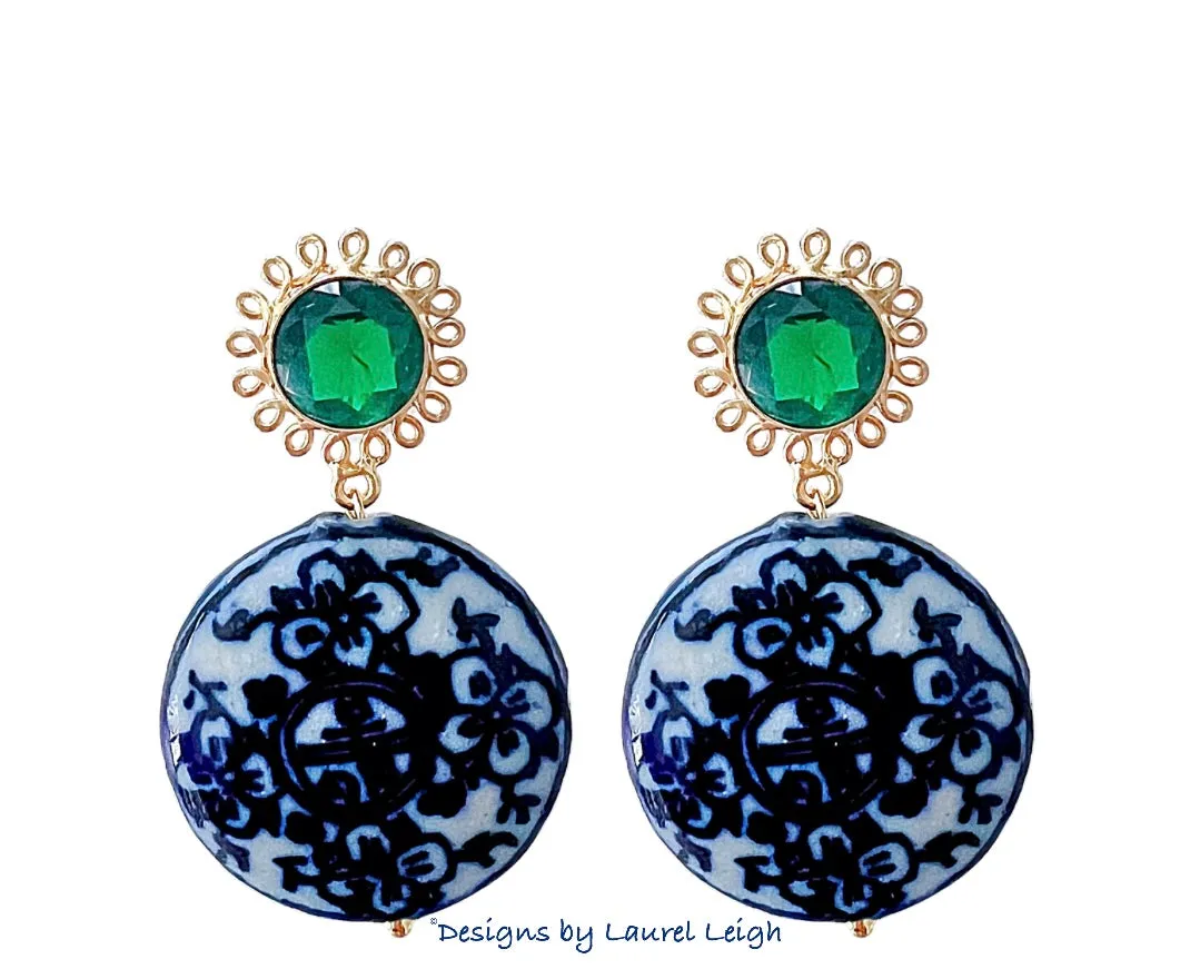 Green Gemstone Chinoiserie Coin Earrings