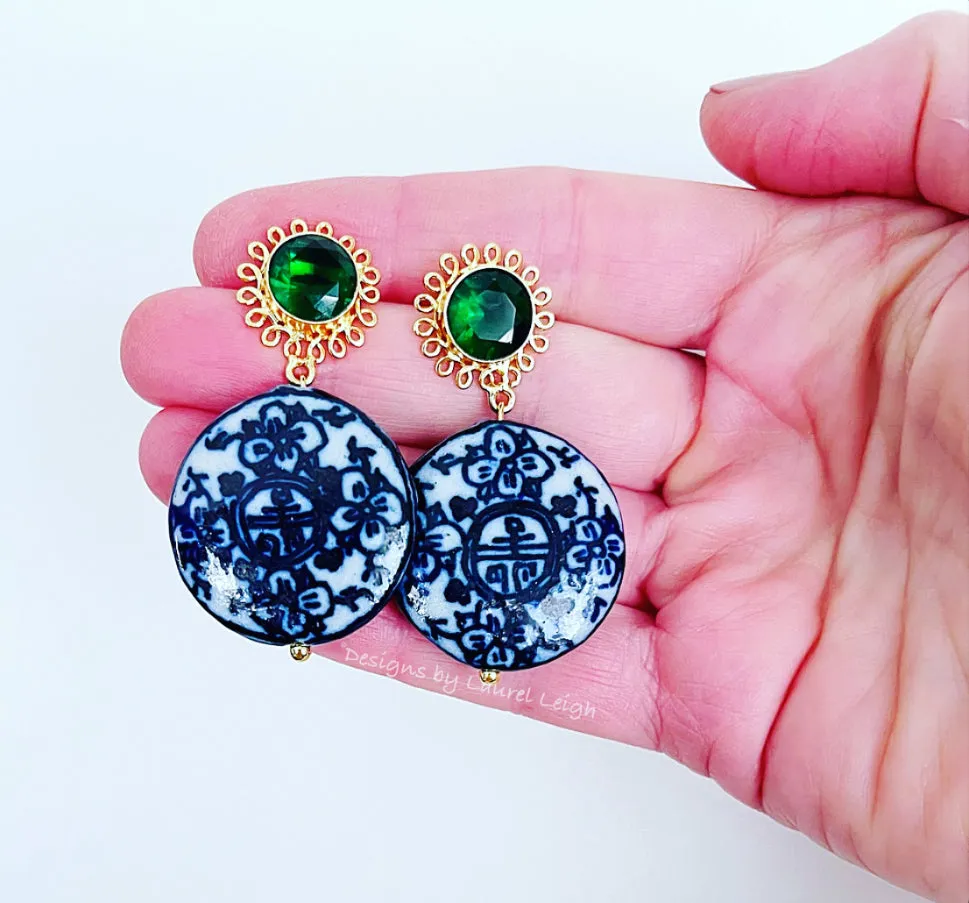 Green Gemstone Chinoiserie Coin Earrings