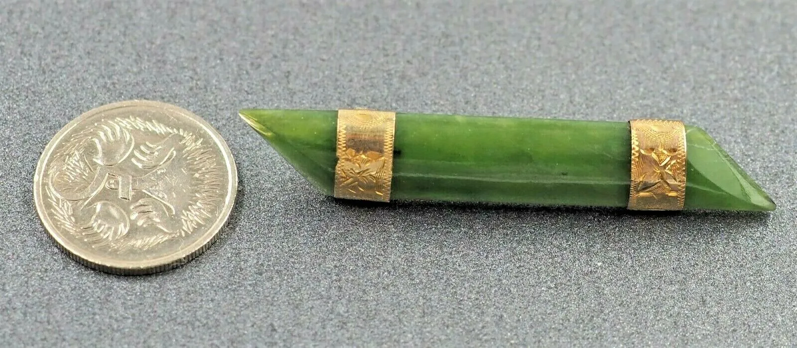 Handmade Nephrite Jade & Engraved 9ct Gold Plated Brooch