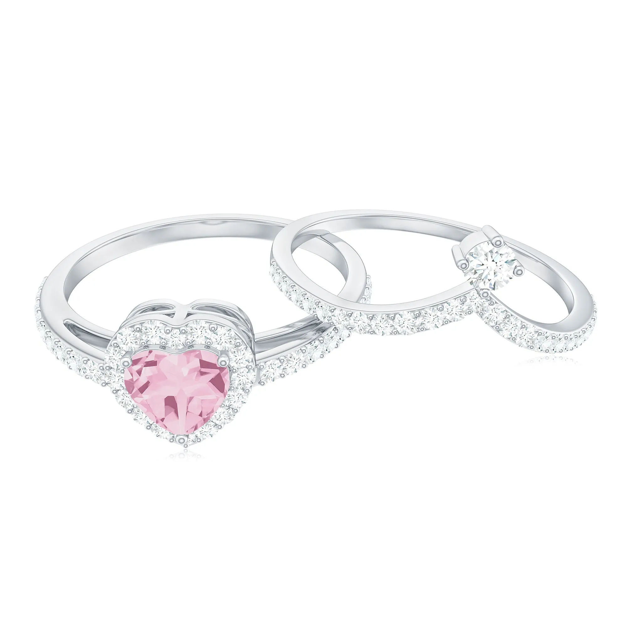 Heart Shape Rose Quartz Ring Set with Moissanite