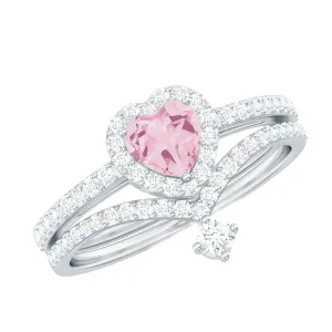 Heart Shape Rose Quartz Ring Set with Moissanite