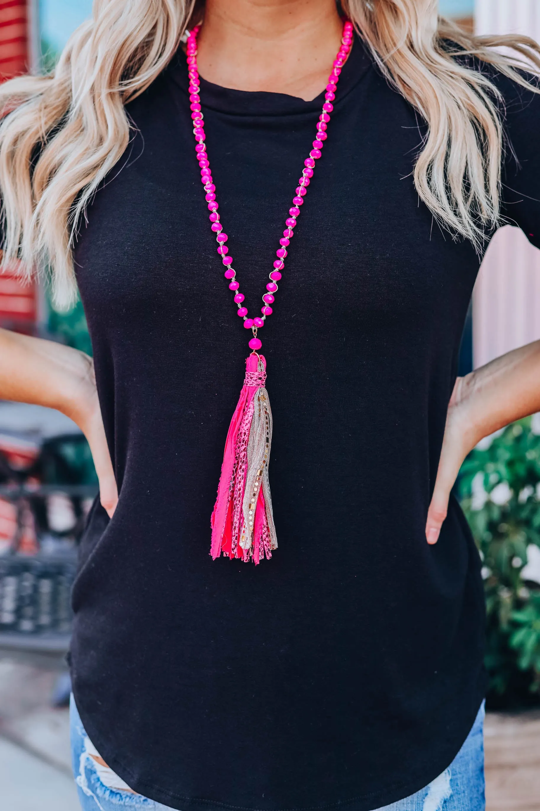 Karli Tassel Statement Necklace - Fuchsia