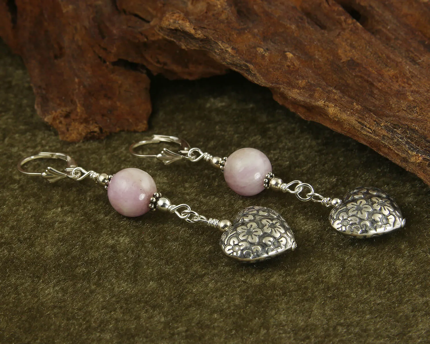 Kunzite Gemstone Heart Beaded Earrings