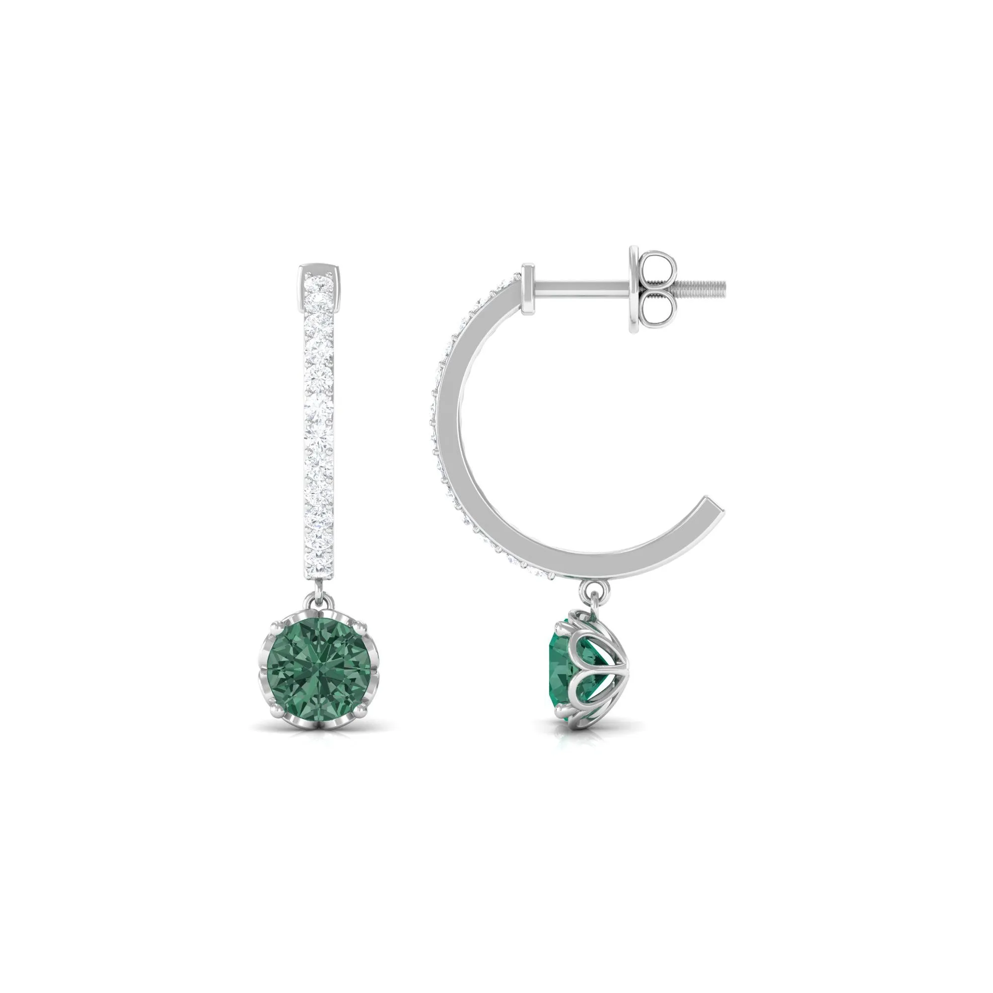 Lab Grown Green Sapphire Drop Hoop Earrings with Diamond