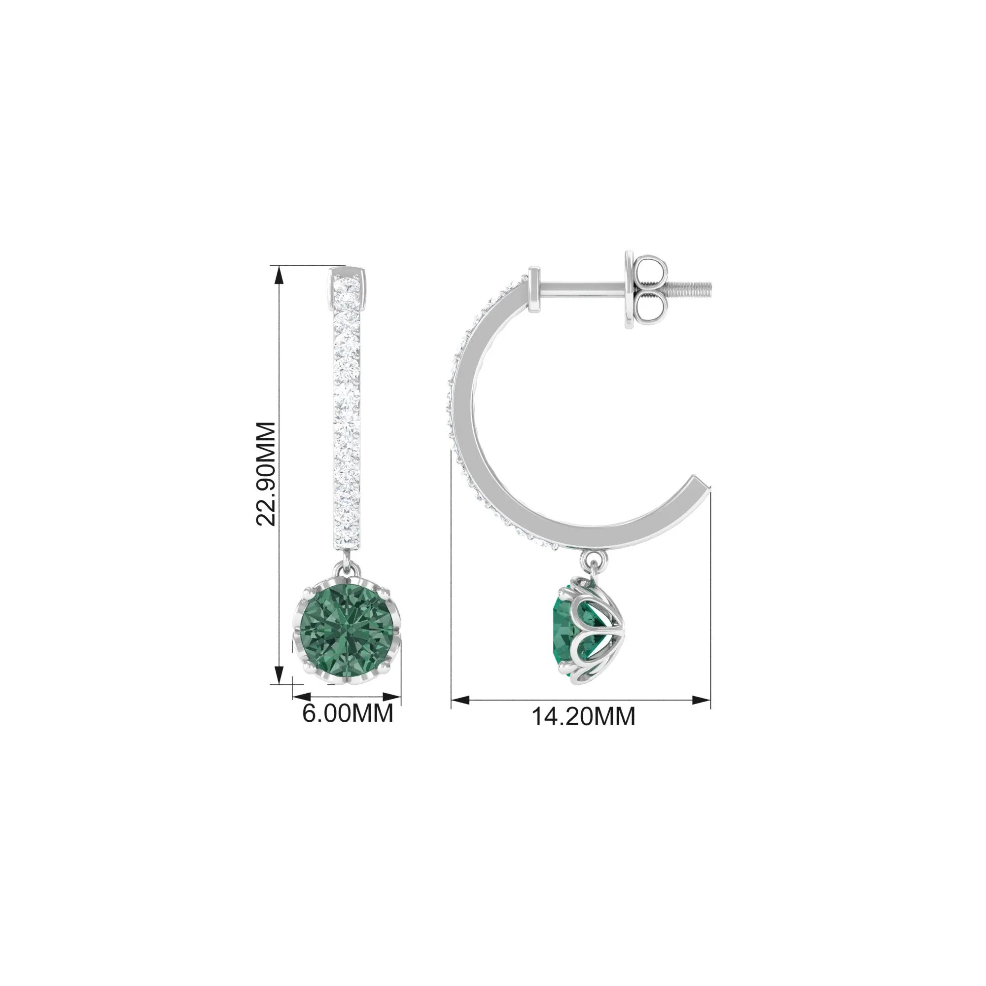 Lab Grown Green Sapphire Drop Hoop Earrings with Diamond