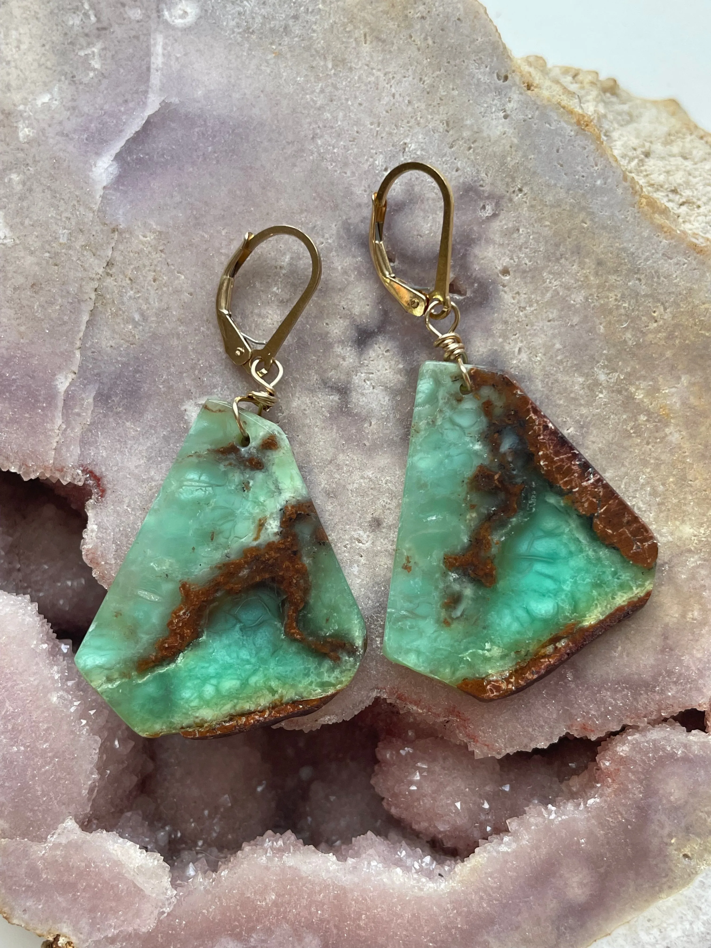 Leverback Chrysoprase Gold Filled Statement Crystal Gemstone Earrings