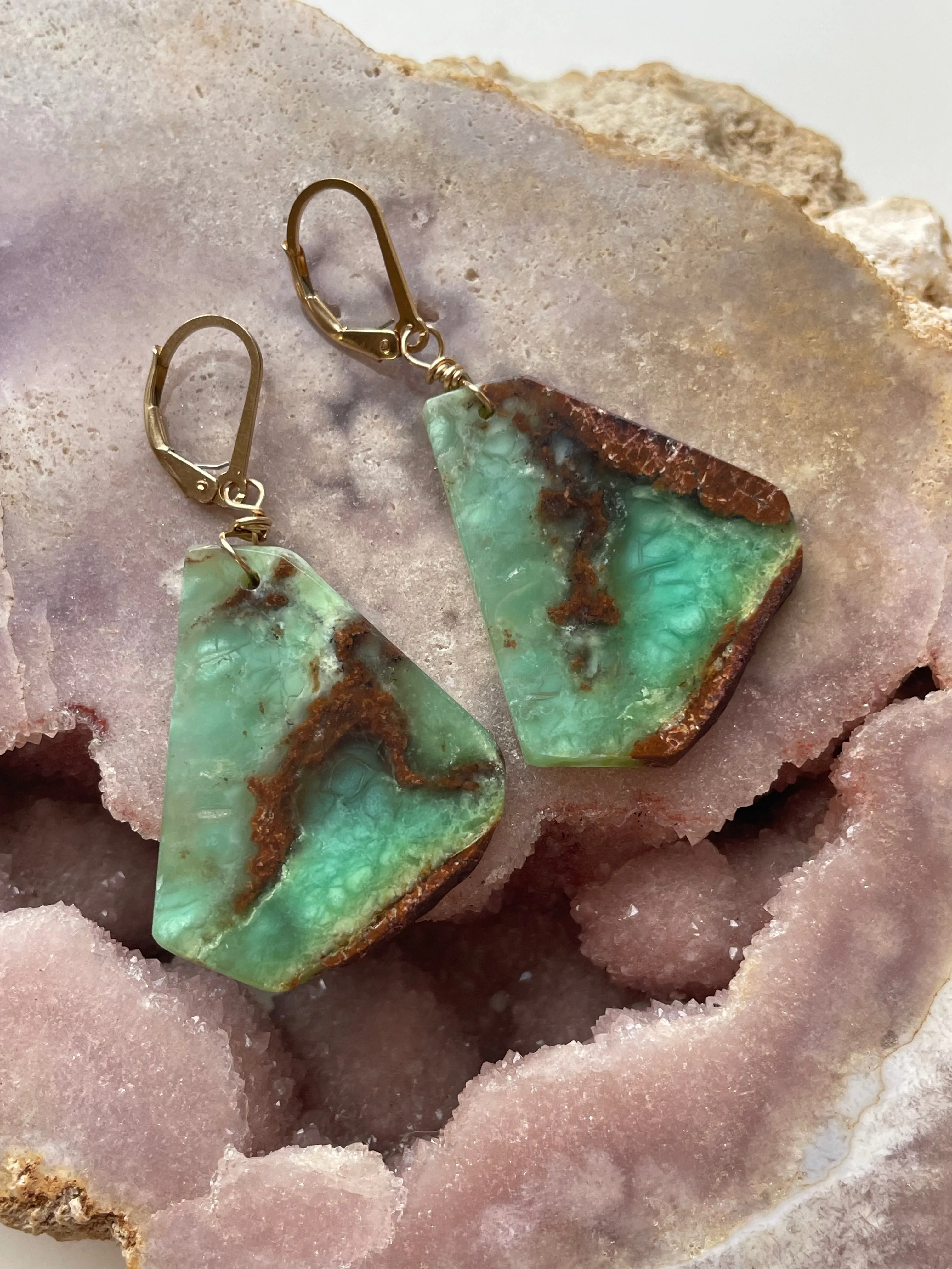 Leverback Chrysoprase Gold Filled Statement Crystal Gemstone Earrings