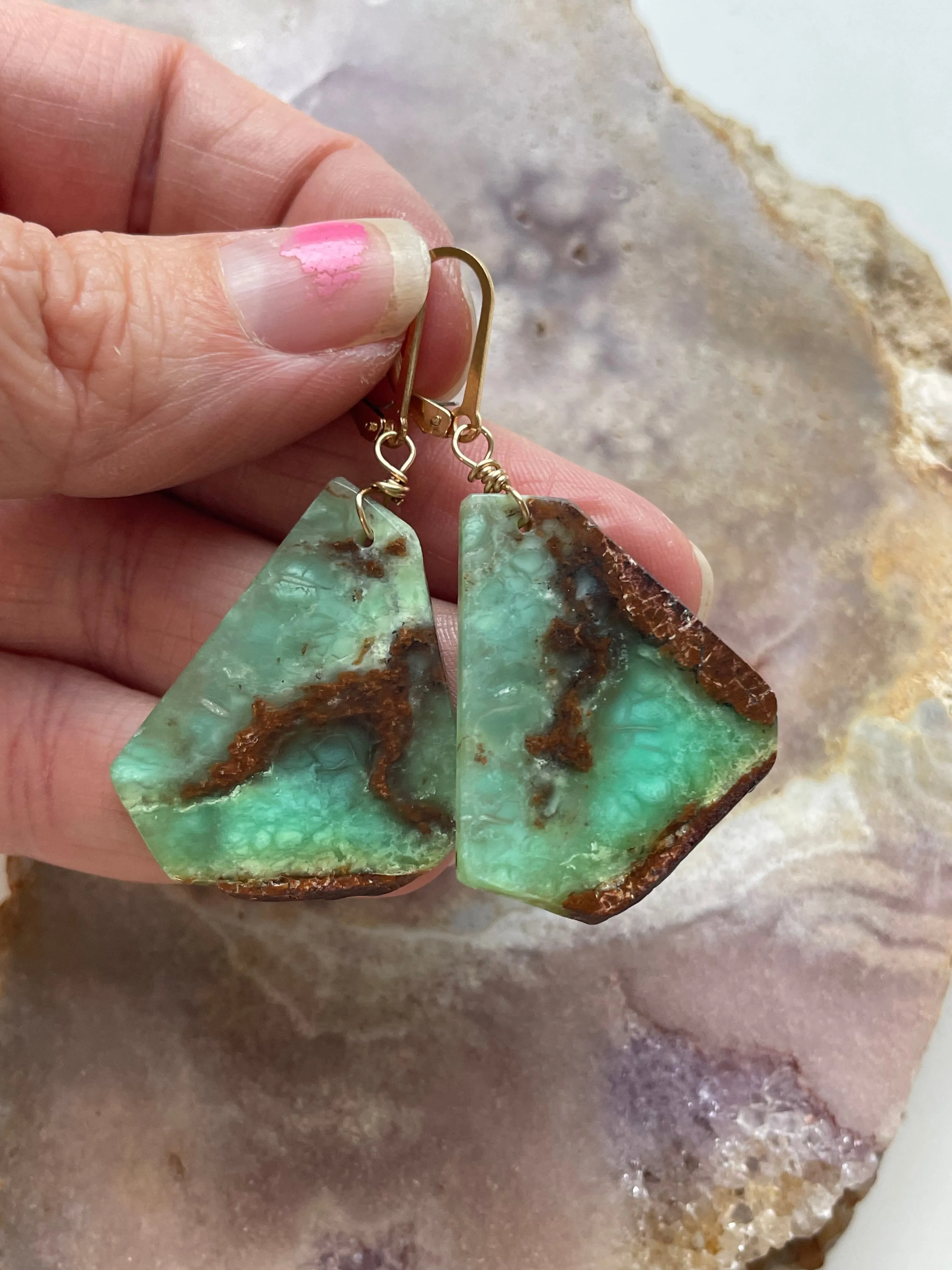 Leverback Chrysoprase Gold Filled Statement Crystal Gemstone Earrings