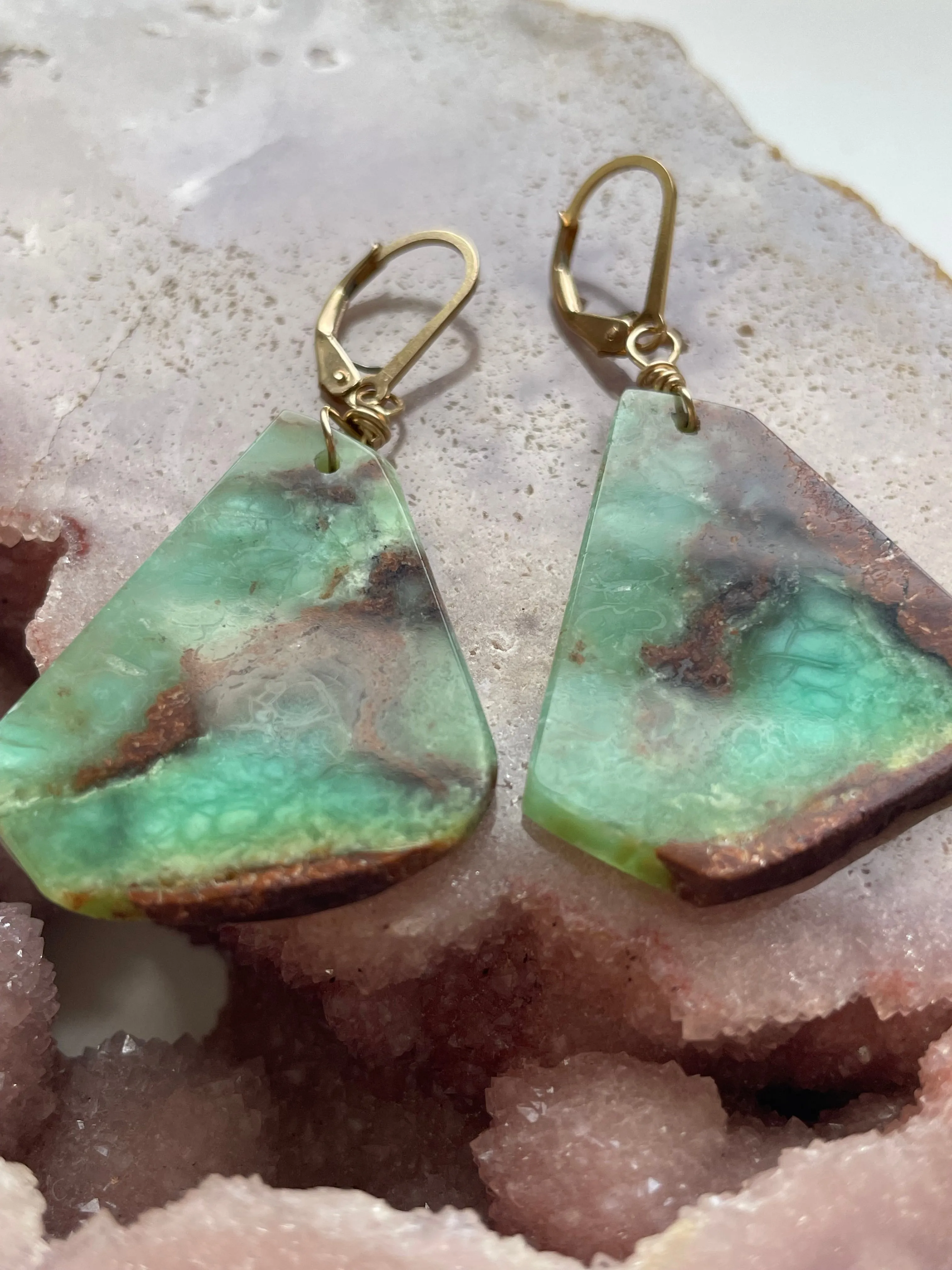 Leverback Chrysoprase Gold Filled Statement Crystal Gemstone Earrings