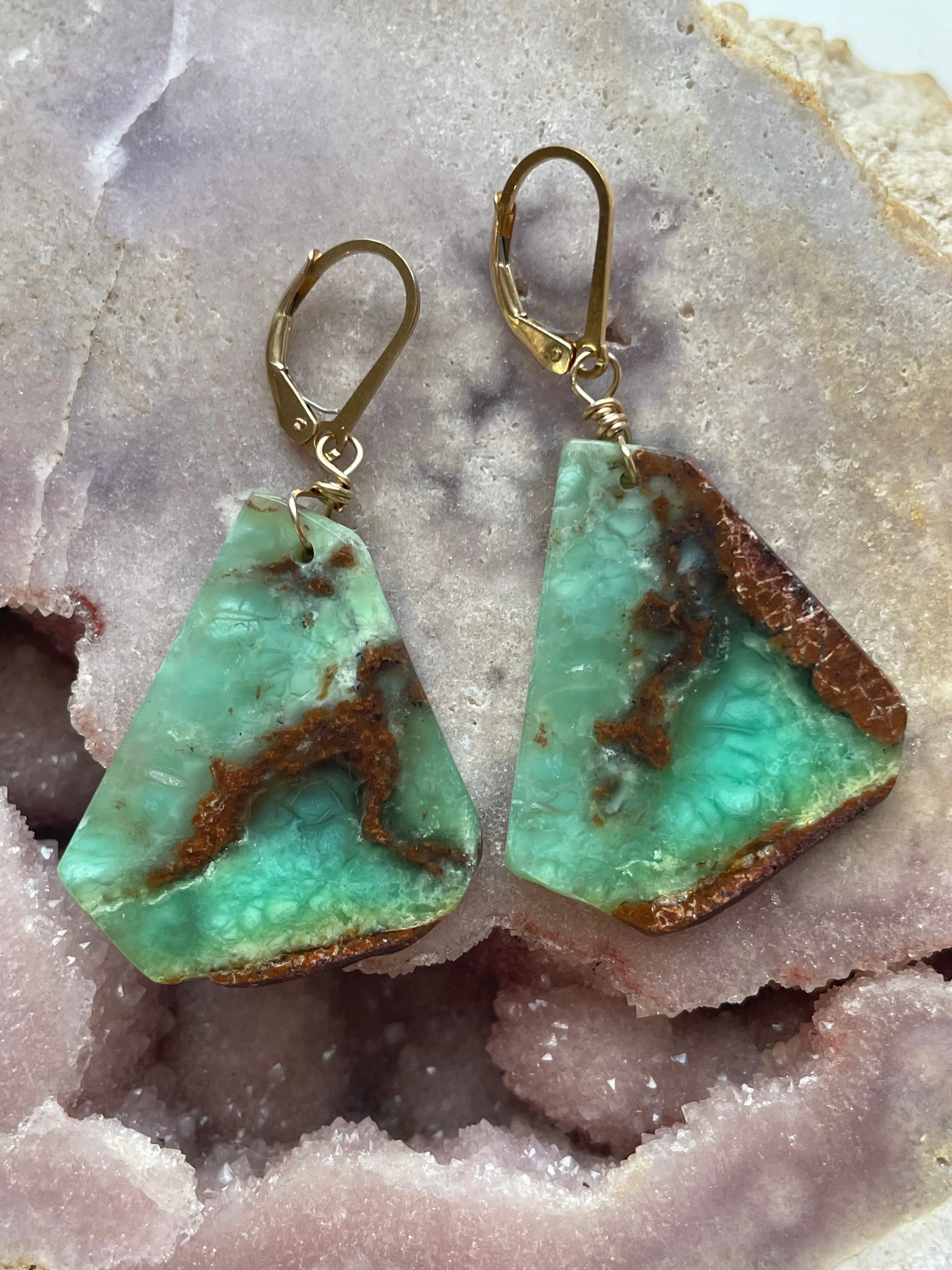 Leverback Chrysoprase Gold Filled Statement Crystal Gemstone Earrings