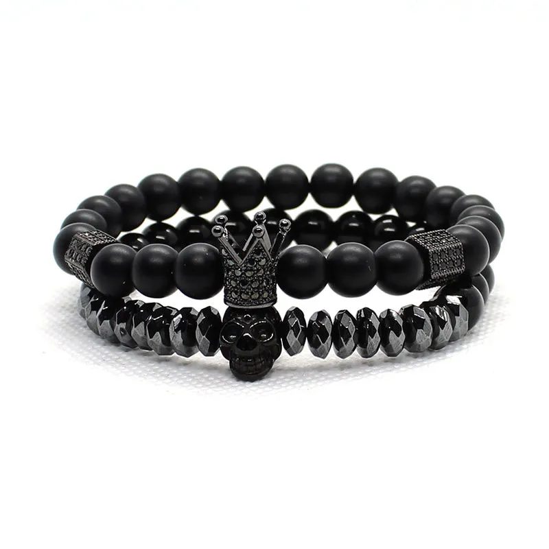 Matte Onyx Stone Beads Skull Bracelet Set Crown