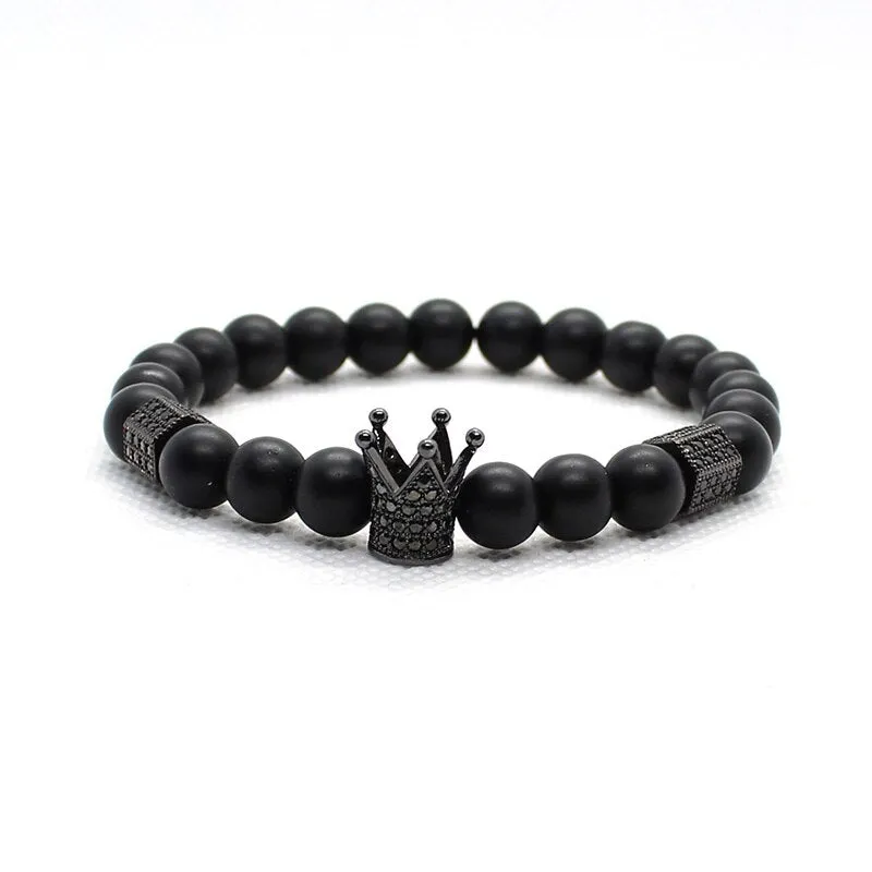 Matte Onyx Stone Beads Skull Bracelet Set Crown