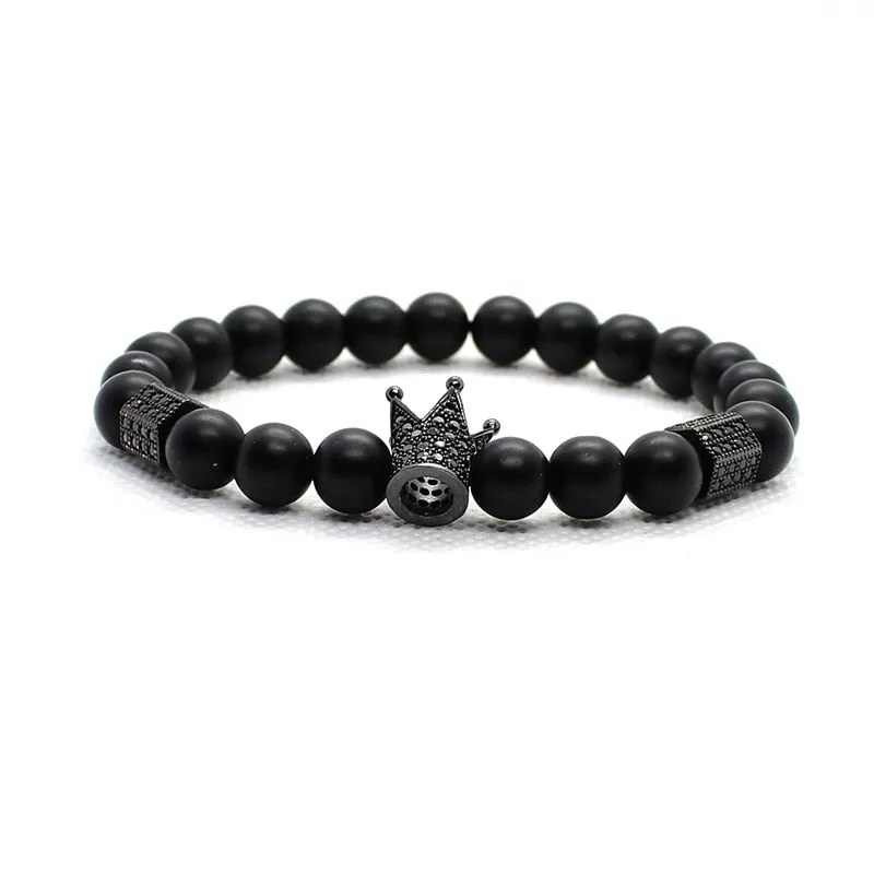 Matte Onyx Stone Beads Skull Bracelet Set Crown