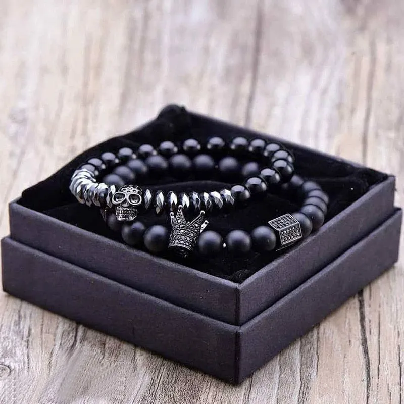 Matte Onyx Stone Beads Skull Bracelet Set Crown