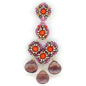 MIGUEL ASES OVAL RED CORAL AND AMETHYST HEART DROPLET EARRINGS