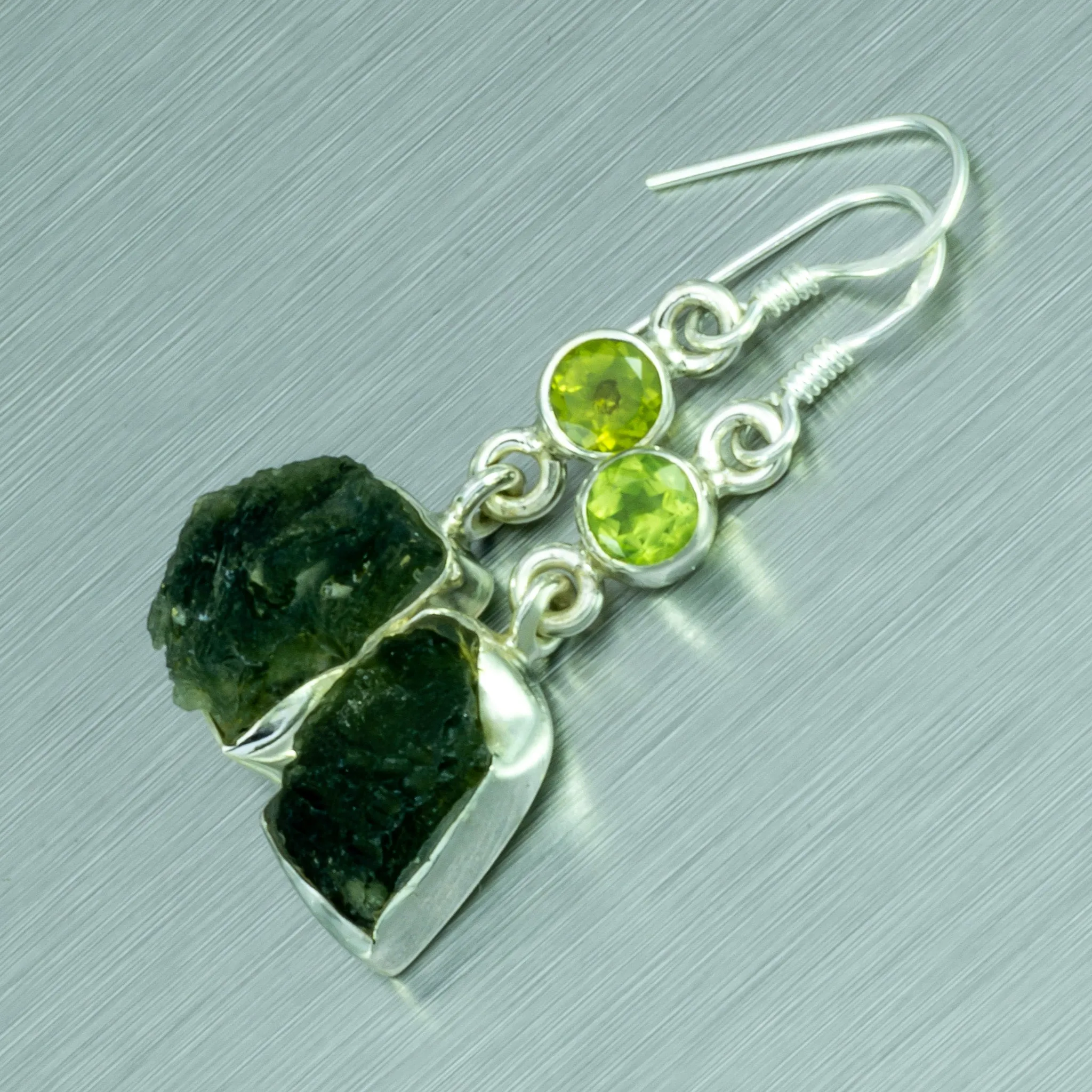 Moldavite and Peridot sterling silver earrings