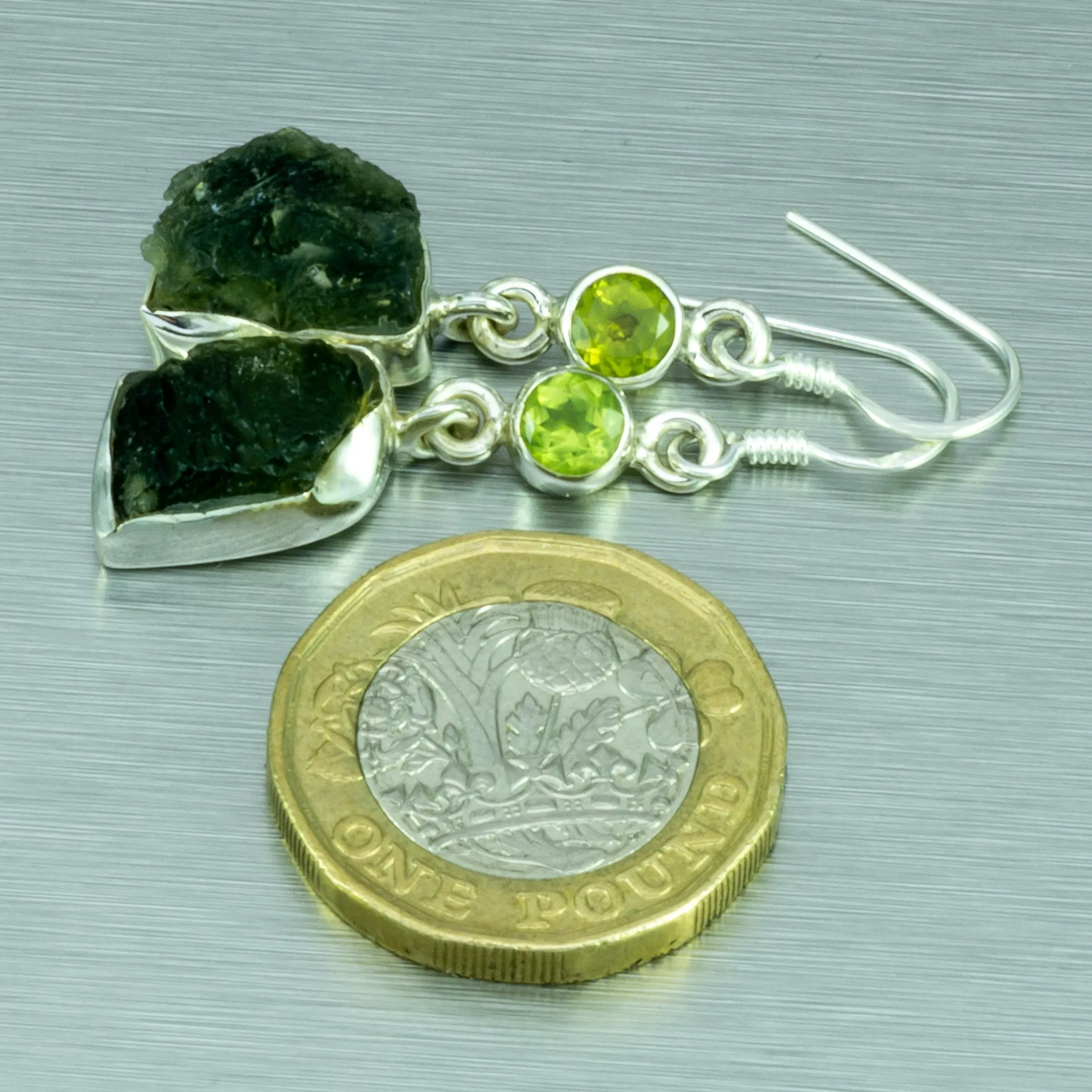 Moldavite and Peridot sterling silver earrings