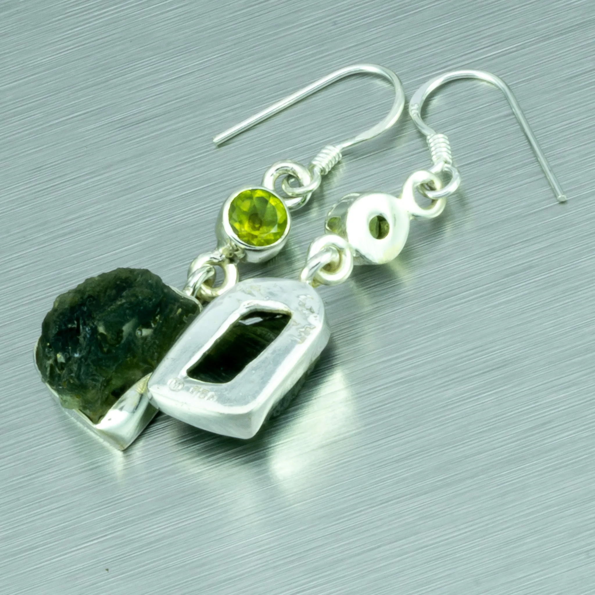 Moldavite and Peridot sterling silver earrings