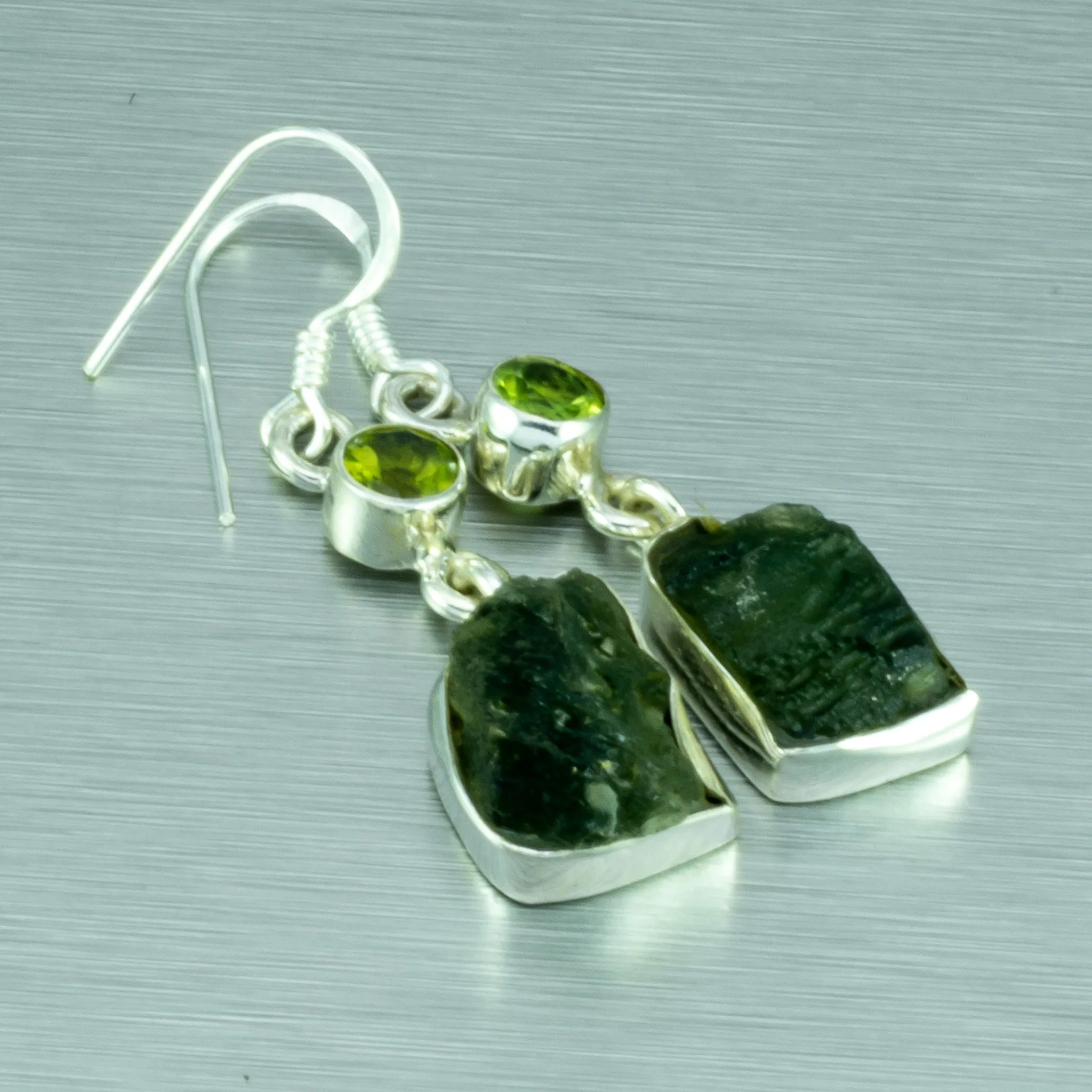 Moldavite and Peridot sterling silver earrings