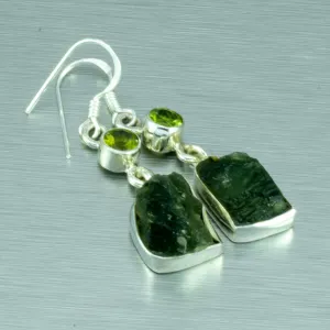 Moldavite and Peridot sterling silver earrings