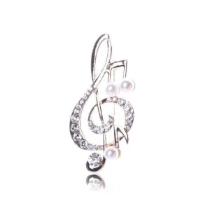 Music Notes Brooch / Pin - Gold with Crystals and Pearls