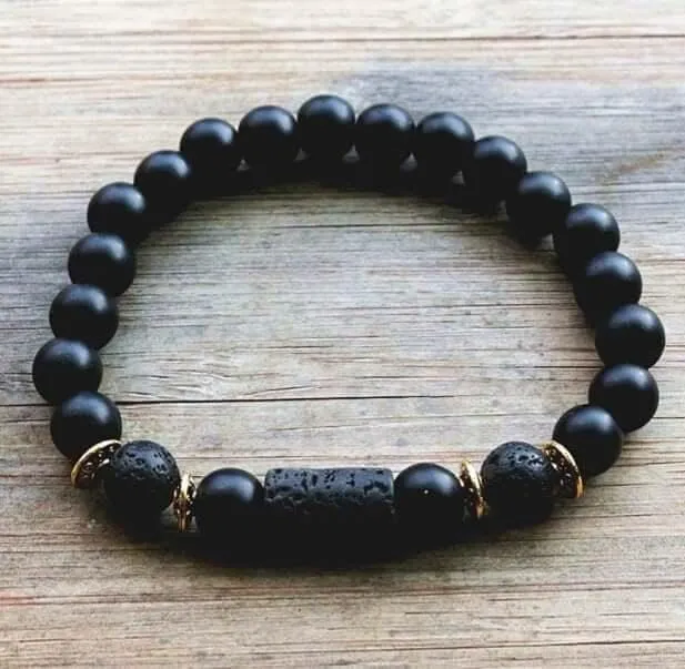 Natural Lava Rock and Black Onyx Energy Work Bead Bracelet On Sale