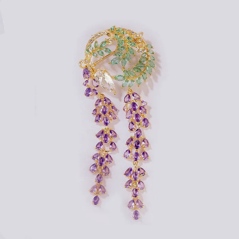 Nature Inspired Romantic Purple Wisteria Exquisite Crystal Tassel Brooch Pin Jewelry Gift