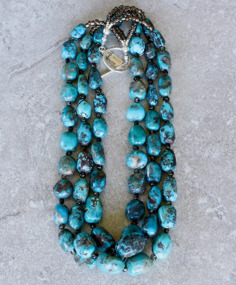 Nevada Turquoise Graduated Ovals 3-Strand Necklace with Smoky Quartz, Czech Glass and Sterling Silver