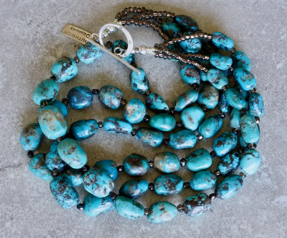 Nevada Turquoise Graduated Ovals 3-Strand Necklace with Smoky Quartz, Czech Glass and Sterling Silver