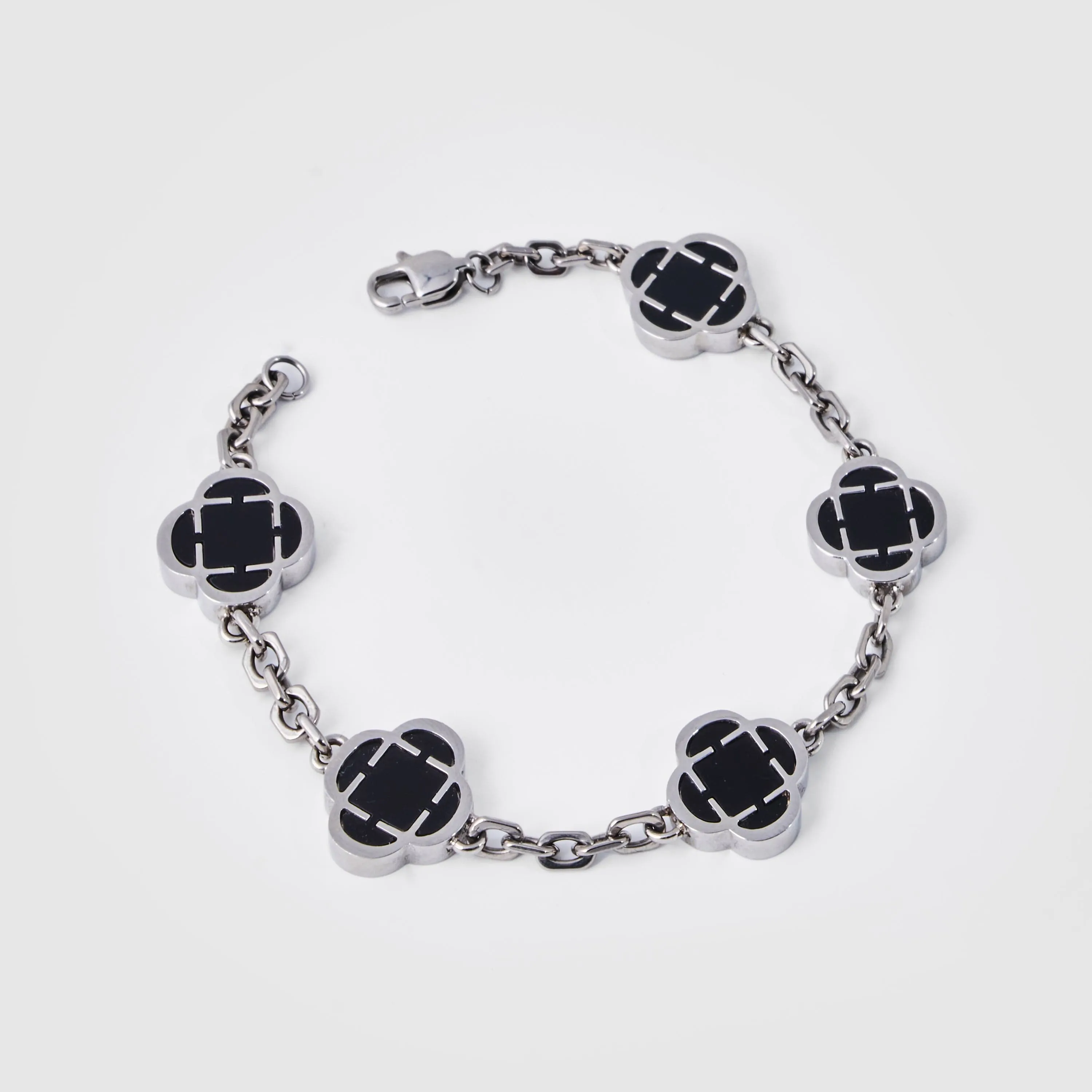 Onyx Clover Stone Bracelet (Silver)