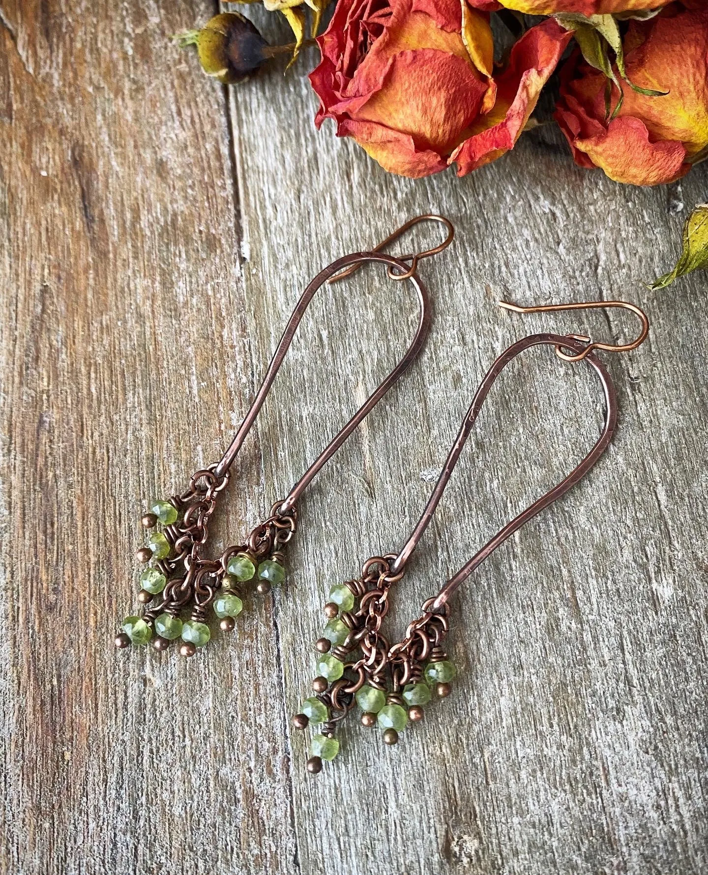 Peridot faceted stone, copper wire wrapped, earrings