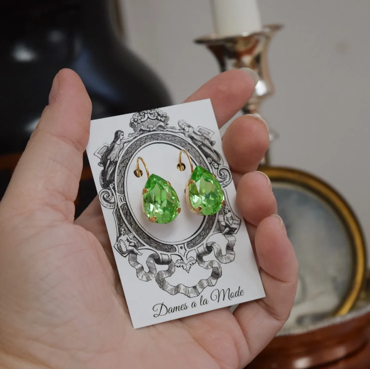 Peridot Green Swarovski Earring - Large Teardrop - SALE!