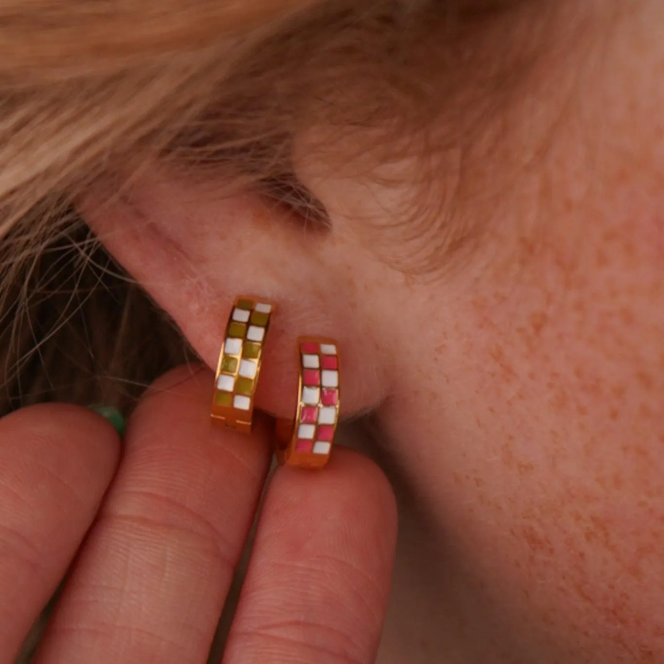 Pink Checker Titanium Hoops