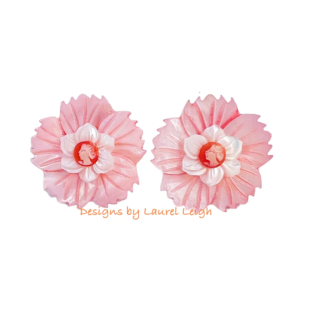 Pink, Orange & White Floral Cameo Pearl Studs