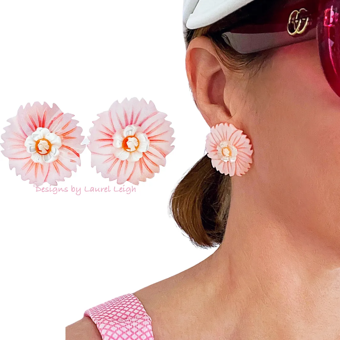 Pink, Orange & White Floral Cameo Pearl Studs