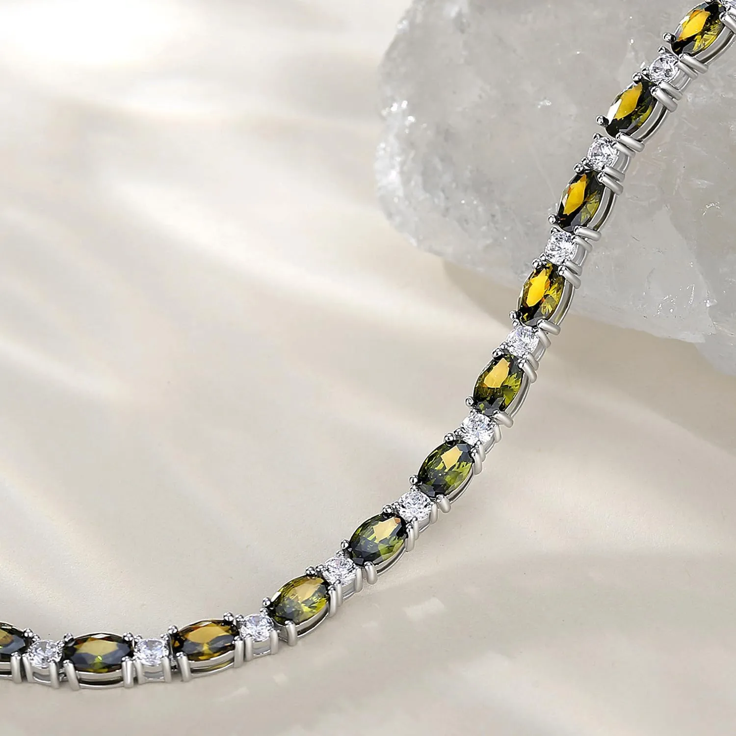 "Glamour Radiance" August Birthstone Fancy Cut Tennis Peridot Sterling Silver Bracelet