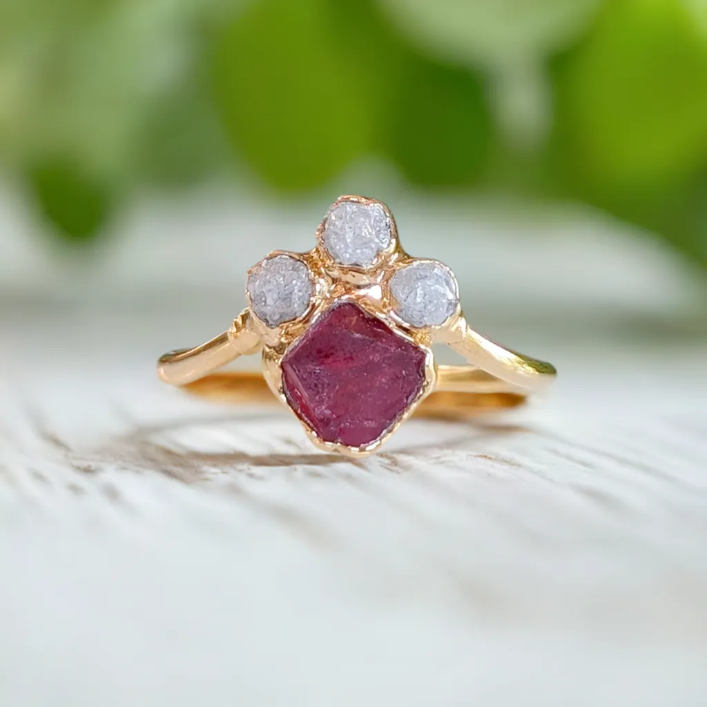 Raw Diamond and Pink Spinel Chevron Engagement Ring