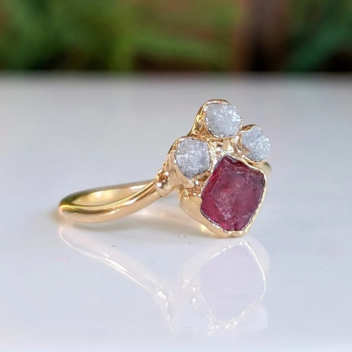 Raw Diamond and Pink Spinel Chevron Engagement Ring